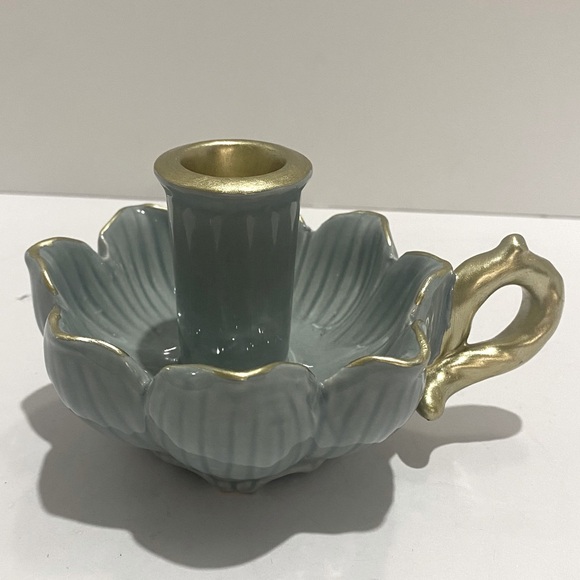 VTG Blue Flower Ceramic Candle Holder Gold Gilt Handle Chamberstick Style - Picture 1 of 9